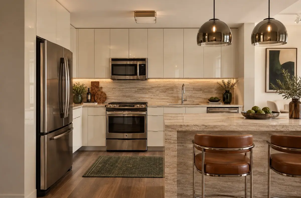 Kitchen after: warm ivory cabinetry, travertine backsplash and counters, brass dome pendants, leather counter stools and styled greenery