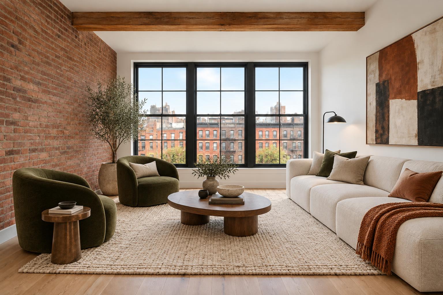 The same loft furnished with a modern ivory sofa, green lounge chairs, walnut coffee table and textured rug