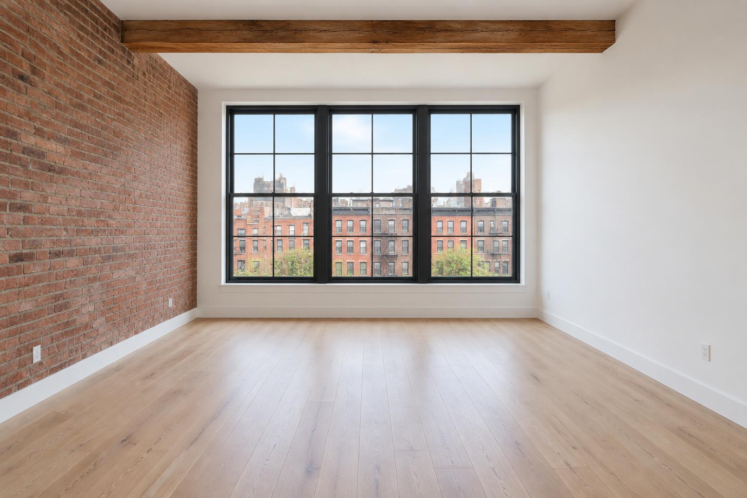Empty Brooklyn-inspired loft with exposed brick, oak floors and large black-framed windows
