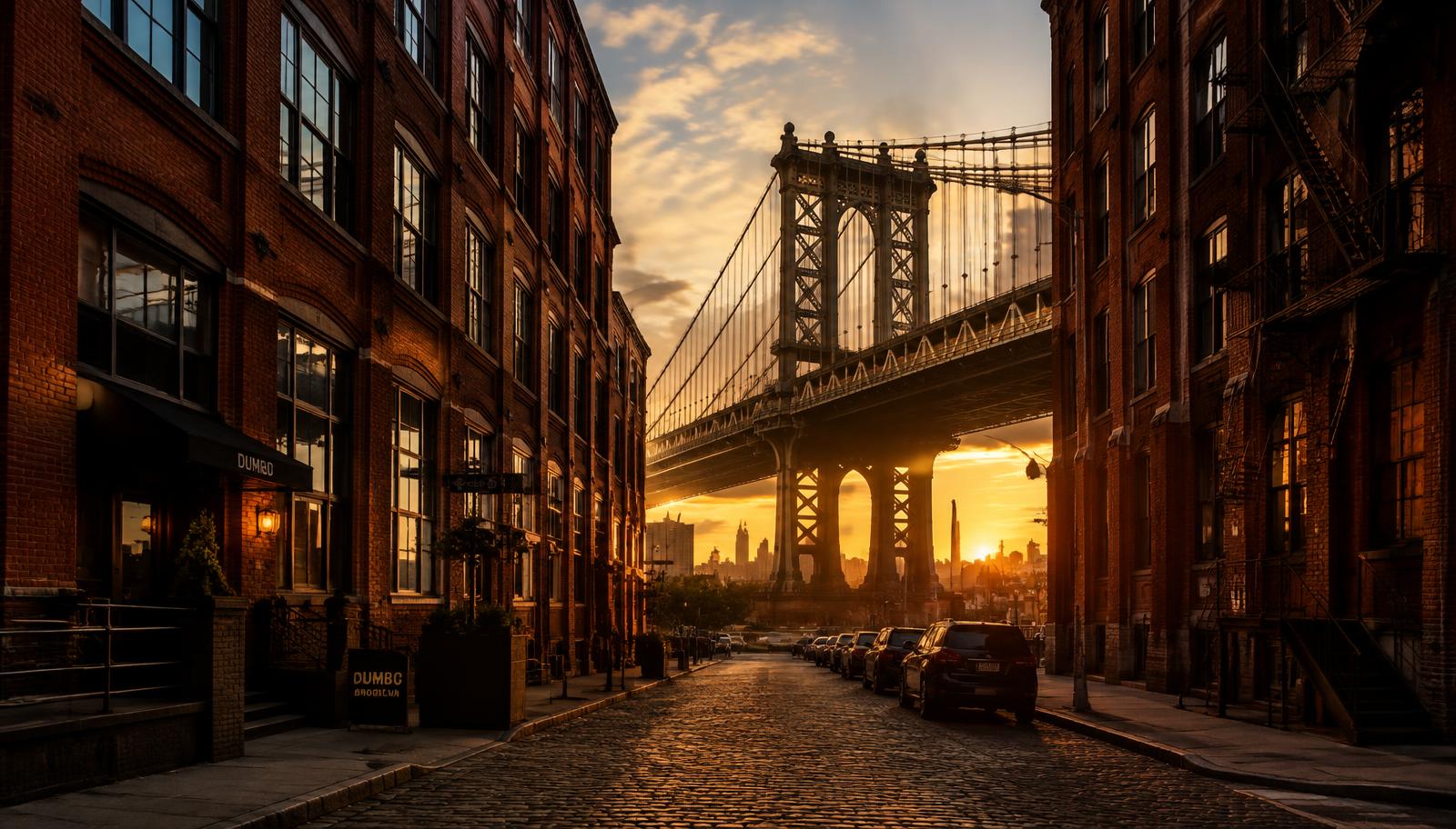 Manhattan Bridge framed by historic brick buildings in DUMBO, Brooklyn at sunset