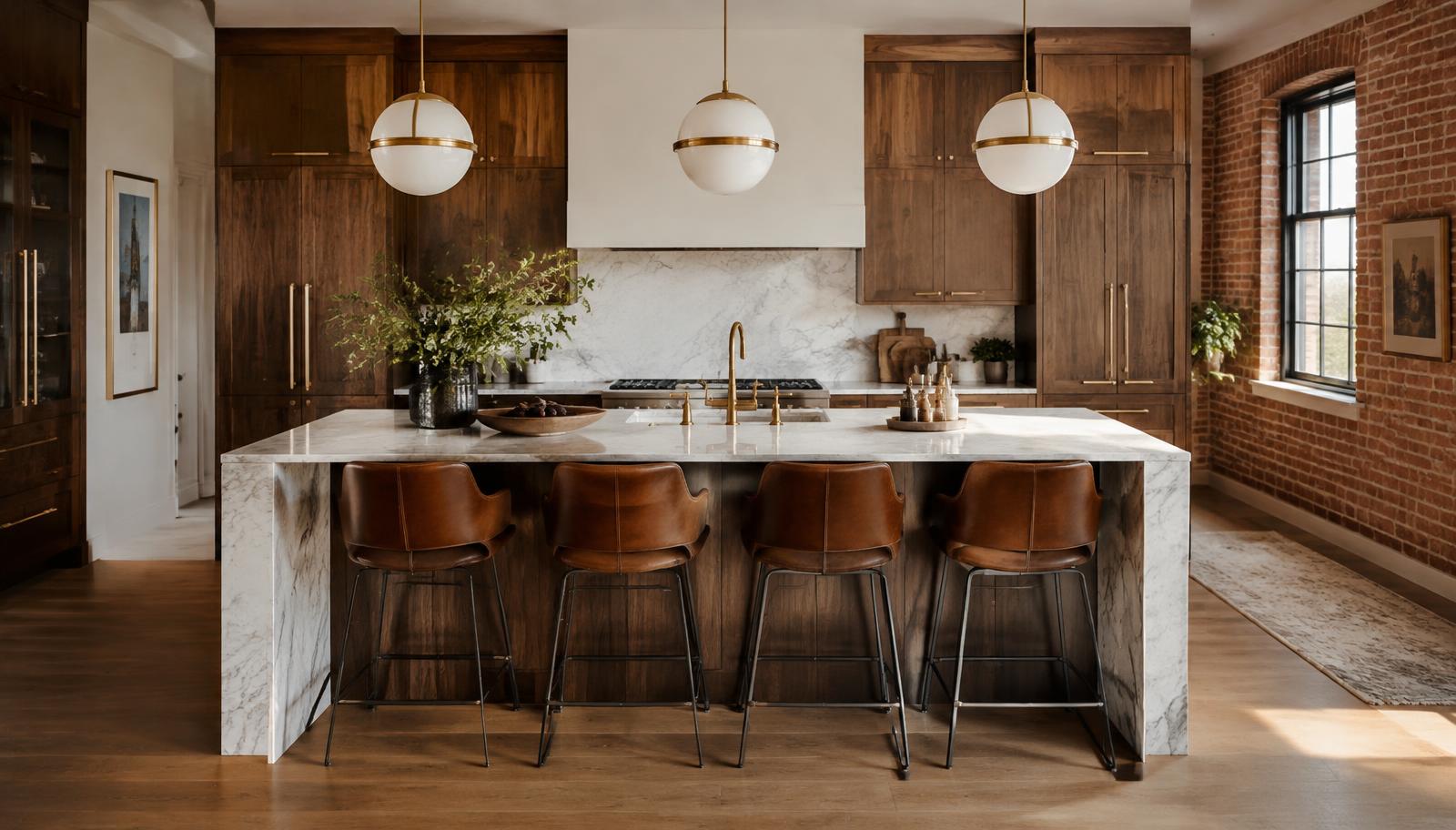 Brooklyn kitchen with marble island, walnut cabinetry and brass pendants